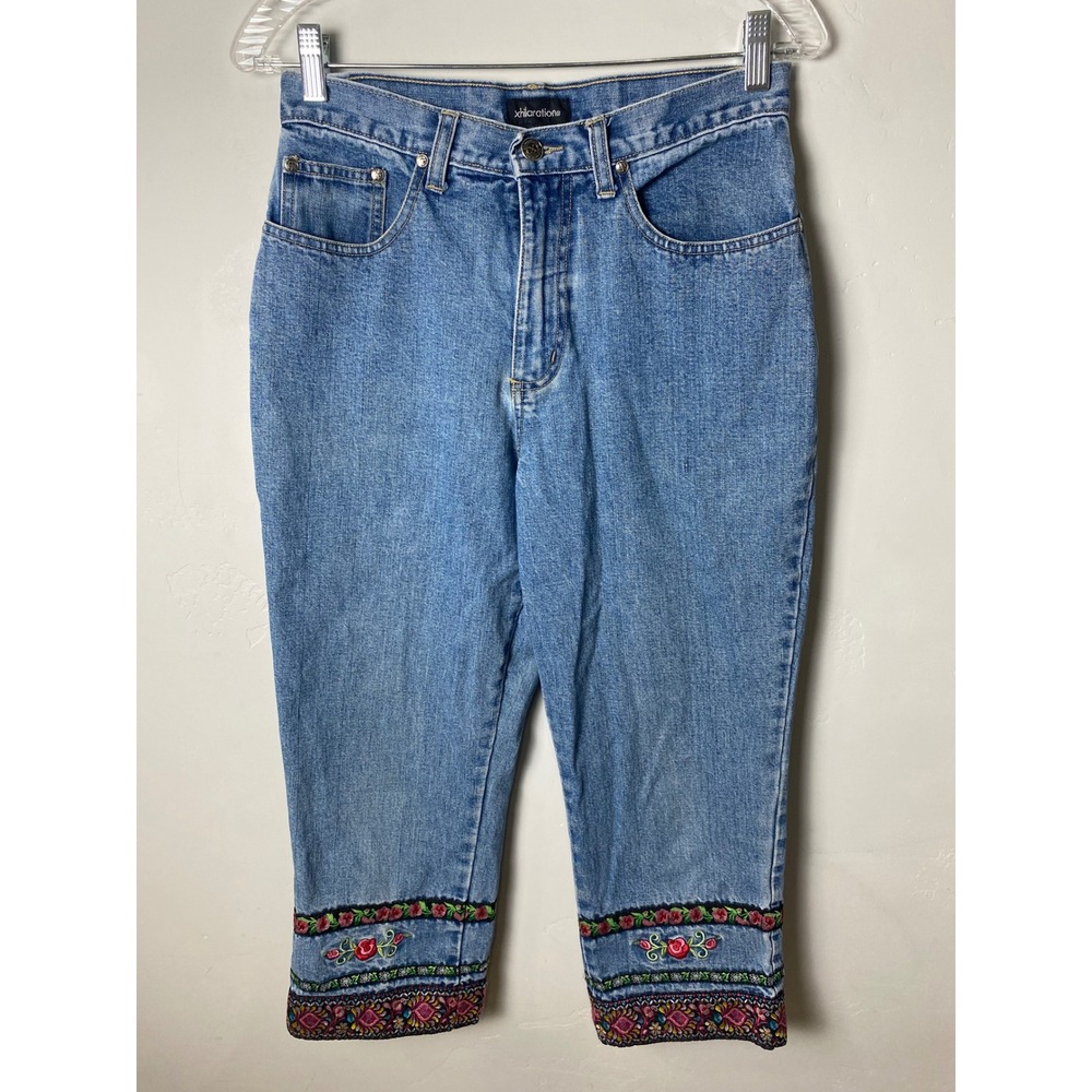 Vintage 90s Xhilaration Embroidered Denim Capris Blue Floral Trim Jeans Size 7